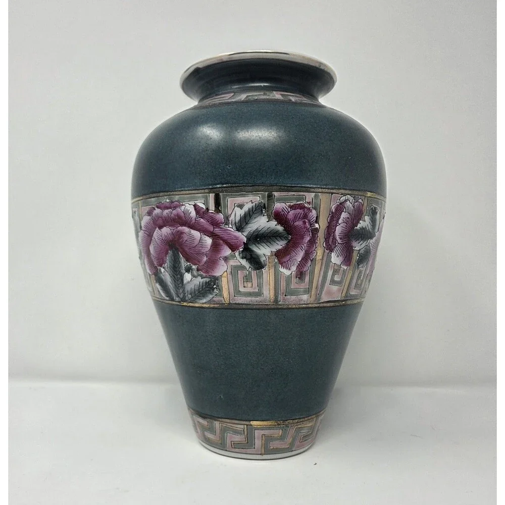 Vintage Japanese Style Porcelain‎ Vase Green Cloisonne Look Pink Floral 10